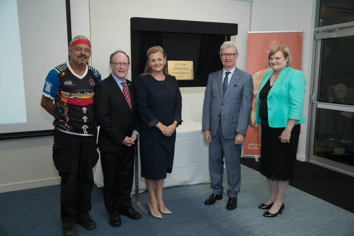 Raymond Walker, CEO of Myhorizon Joe Gamblin, Redland City Council Mayor Karen Williams, His Excellency the Honourable Paul de Jersey AC Governer of Queensland and Vice President Louise Dudley with official plaque and posing for a photo at opening event of Myhorizon Centre at Capalaba.