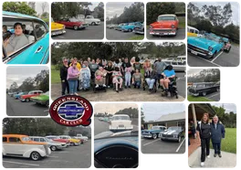 A photo collage from the Queensland Chevrolet Car Club visit: rows of classic Chevrolets parked together, a large group photo of the people we support, staff and club members, several of them wheelchair users, and one man sitting at the wheel of a turquoise 1950s Chevrolet.