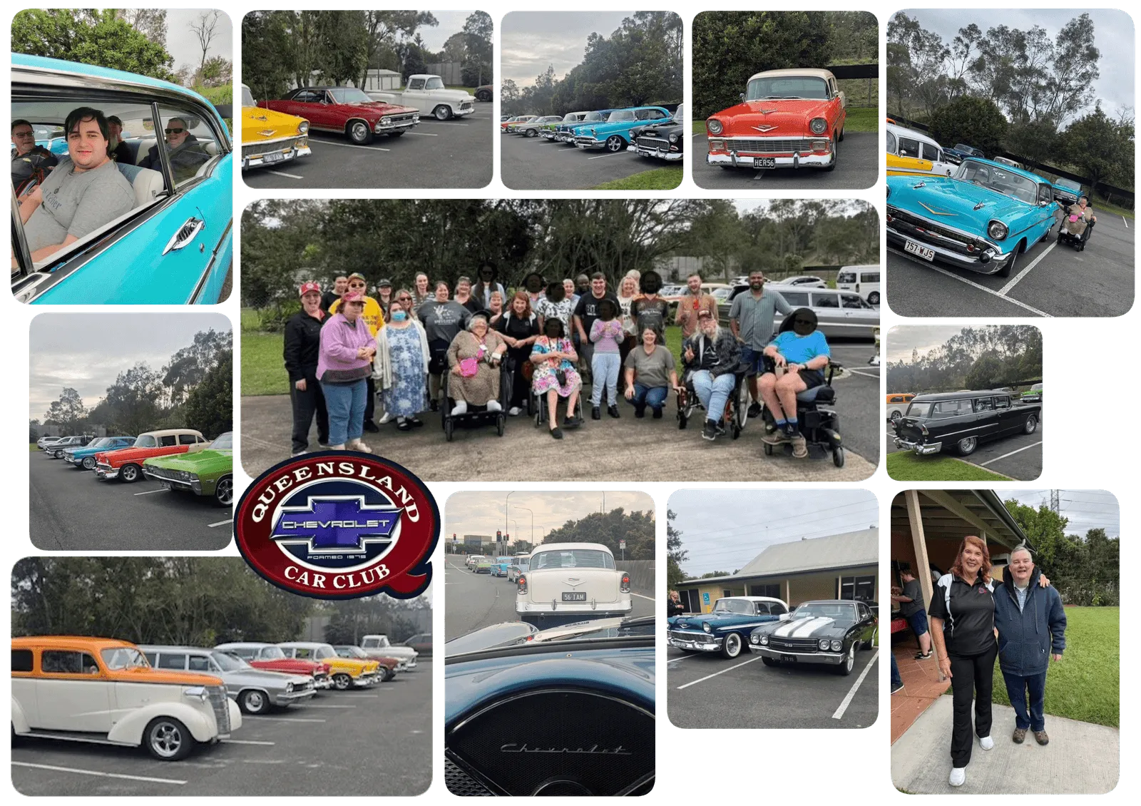 A photo collage from the Queensland Chevrolet Car Club visit: rows of classic Chevrolets parked together, a large group photo of the people we support, staff and club members, several of them wheelchair users, and one man sitting at the wheel of a turquoise 1950s Chevrolet.