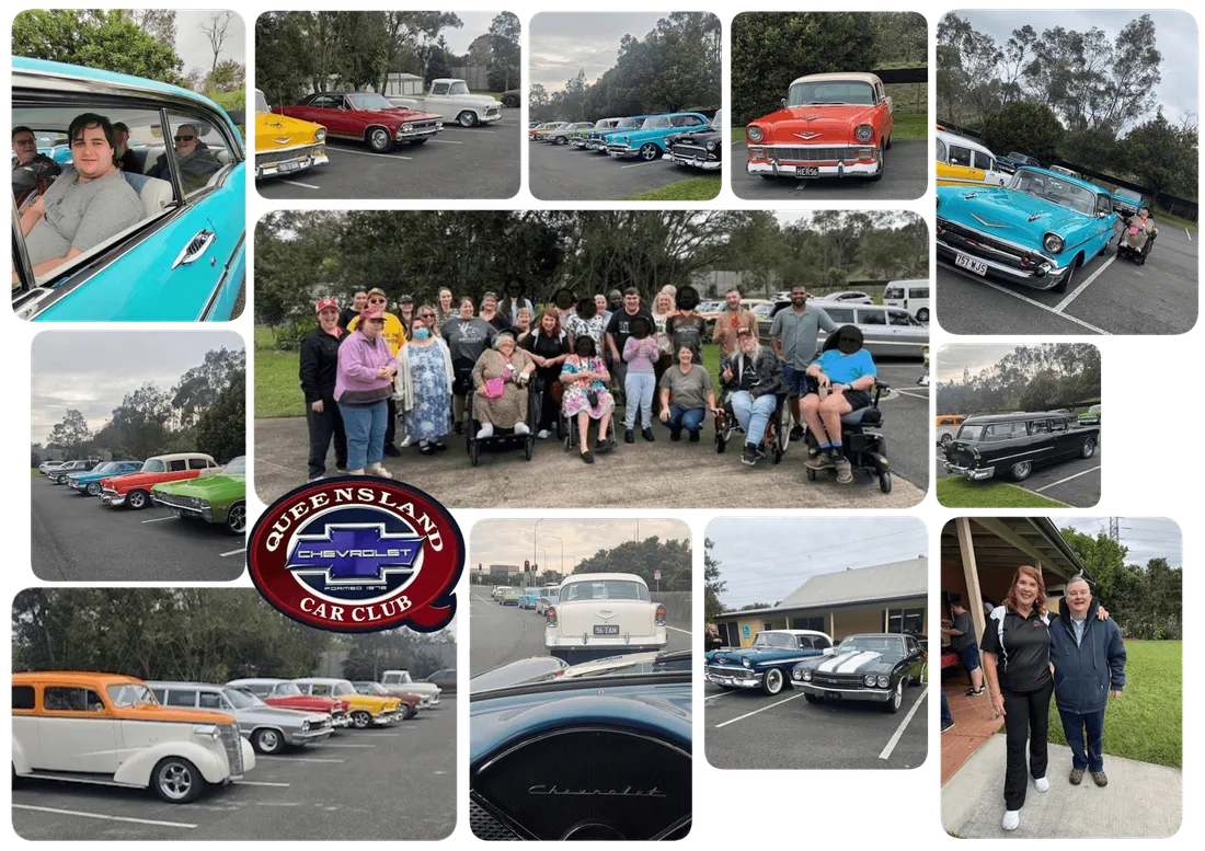 A photo collage from the Queensland Chevrolet Car Club visit: rows of classic Chevrolets parked together, a large group photo of the people we support, staff and club members, several of them wheelchair users, and one man sitting at the wheel of a turquoise 1950s Chevrolet.