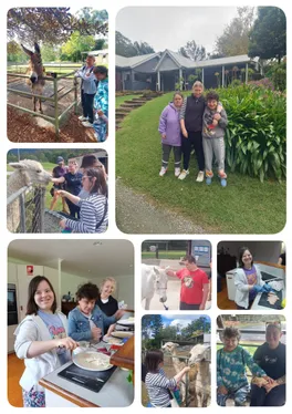 A photo collage from the Mt Glorious short break: meeting a donkey, an alpaca and a horse at the fence, three people together on the lawn outside the guest house, and others cooking pancakes and preparing food in the kitchen.