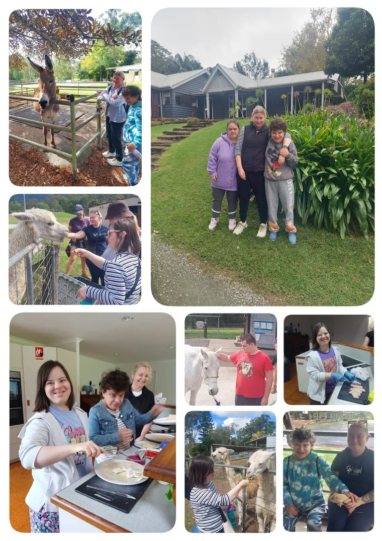 A photo collage from the Mt Glorious short break: meeting a donkey, an alpaca and a horse at the fence, three people together on the lawn outside the guest house, and others cooking pancakes and preparing food in the kitchen.