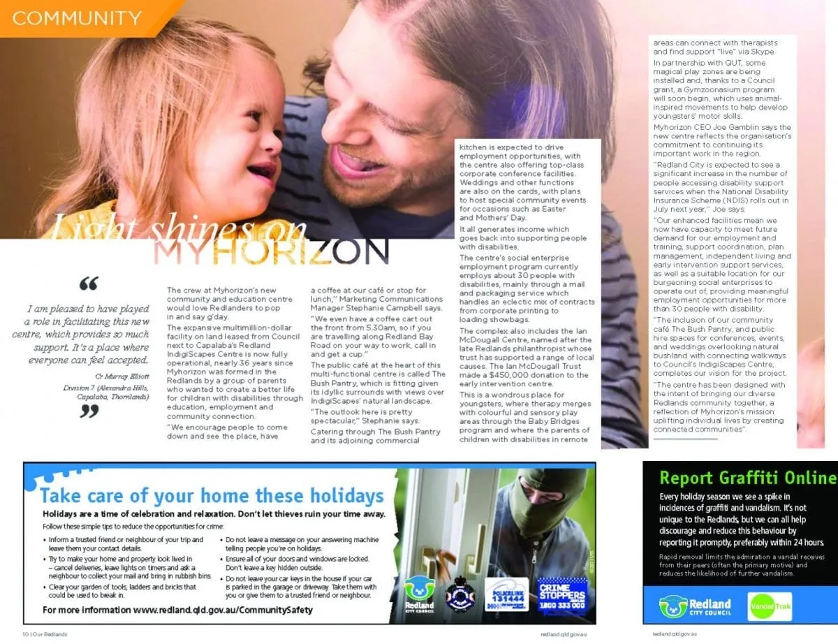 A scanned page from the Our Redlands community magazine, with an article headlined Light shines on Myhorizon about the new Capalaba community and education centre.