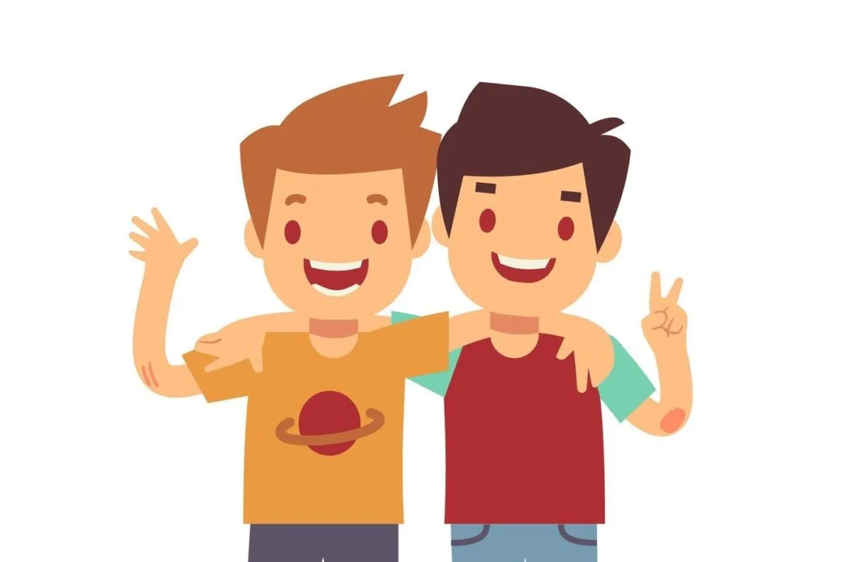 An illustration of two friends standing with their arms around each other's shoulders, one waving and the other making a peace sign.