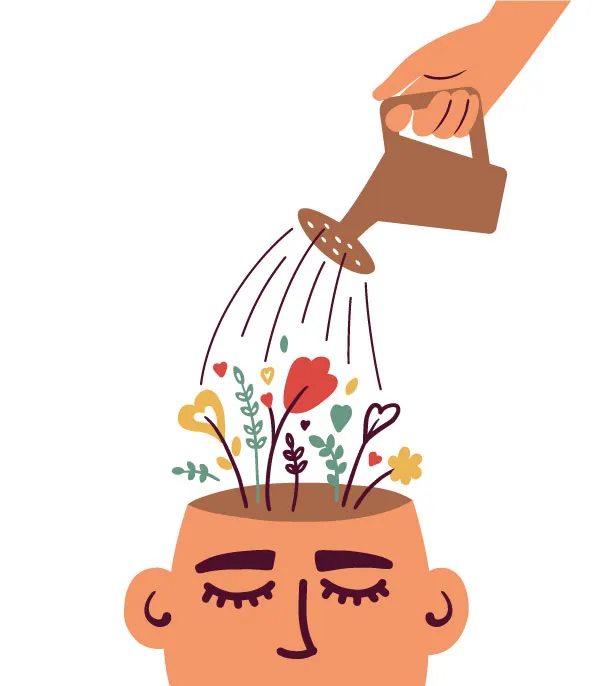An illustration of a person's head opening at the top like a plant pot, with flowers growing out of it and a hand watering them from a small can.