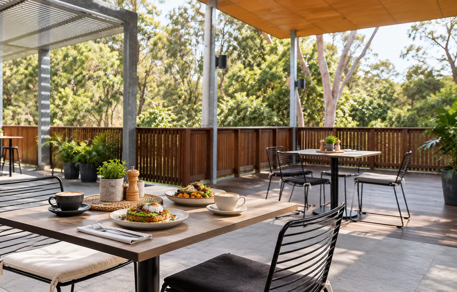 Coffee and breakfast on a table on The Bush Pantry deck, looking out over native gardens