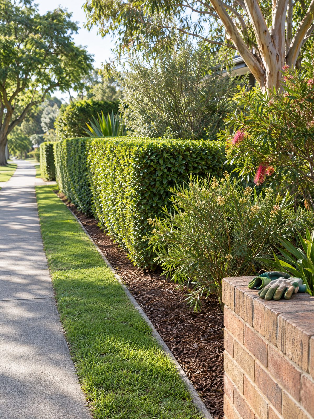 A neatly trimmed hedge and a freshly mulched garden bed along a footpath, with gardening gloves on a brick wall.