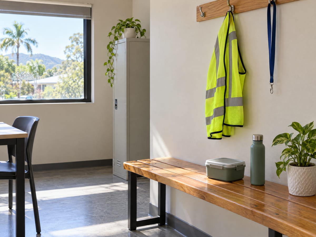 A staff room with a high-visibility vest and a lanyard on wall hooks, and a lunch box and water bottle on a timber bench.