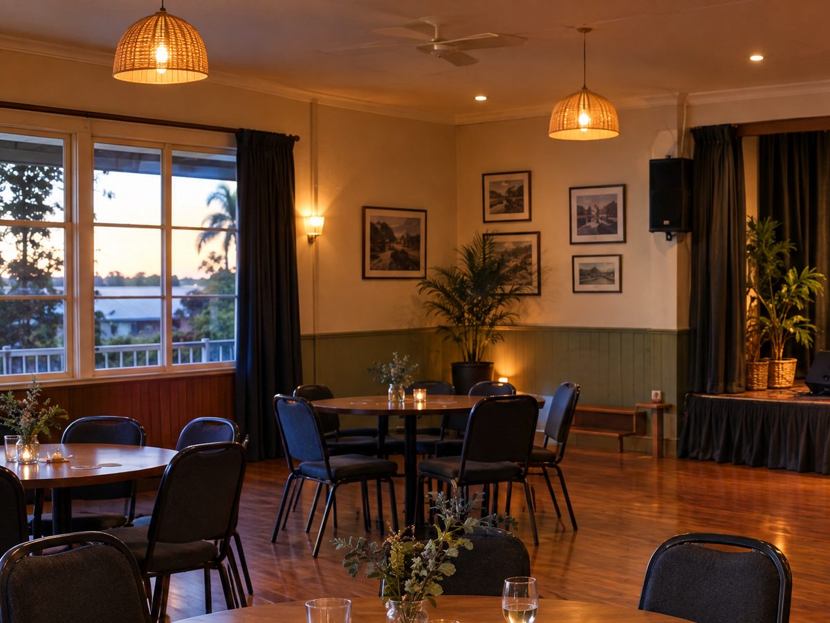 A club room set up for an evening, with round tables, candles and pendant lights, and a curtained stage at one end.