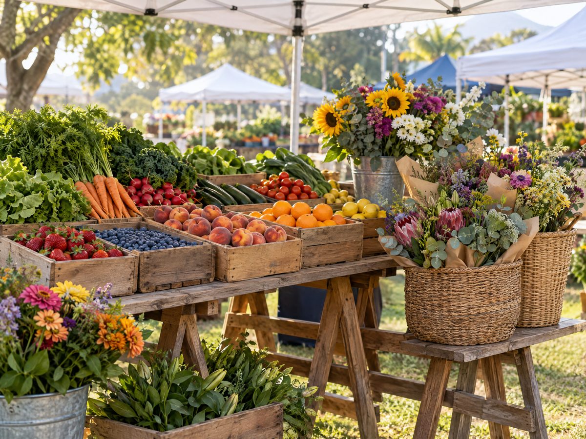 A market stall of fresh fruit and vegetables in wooden crates, with buckets and baskets of cut flowers.