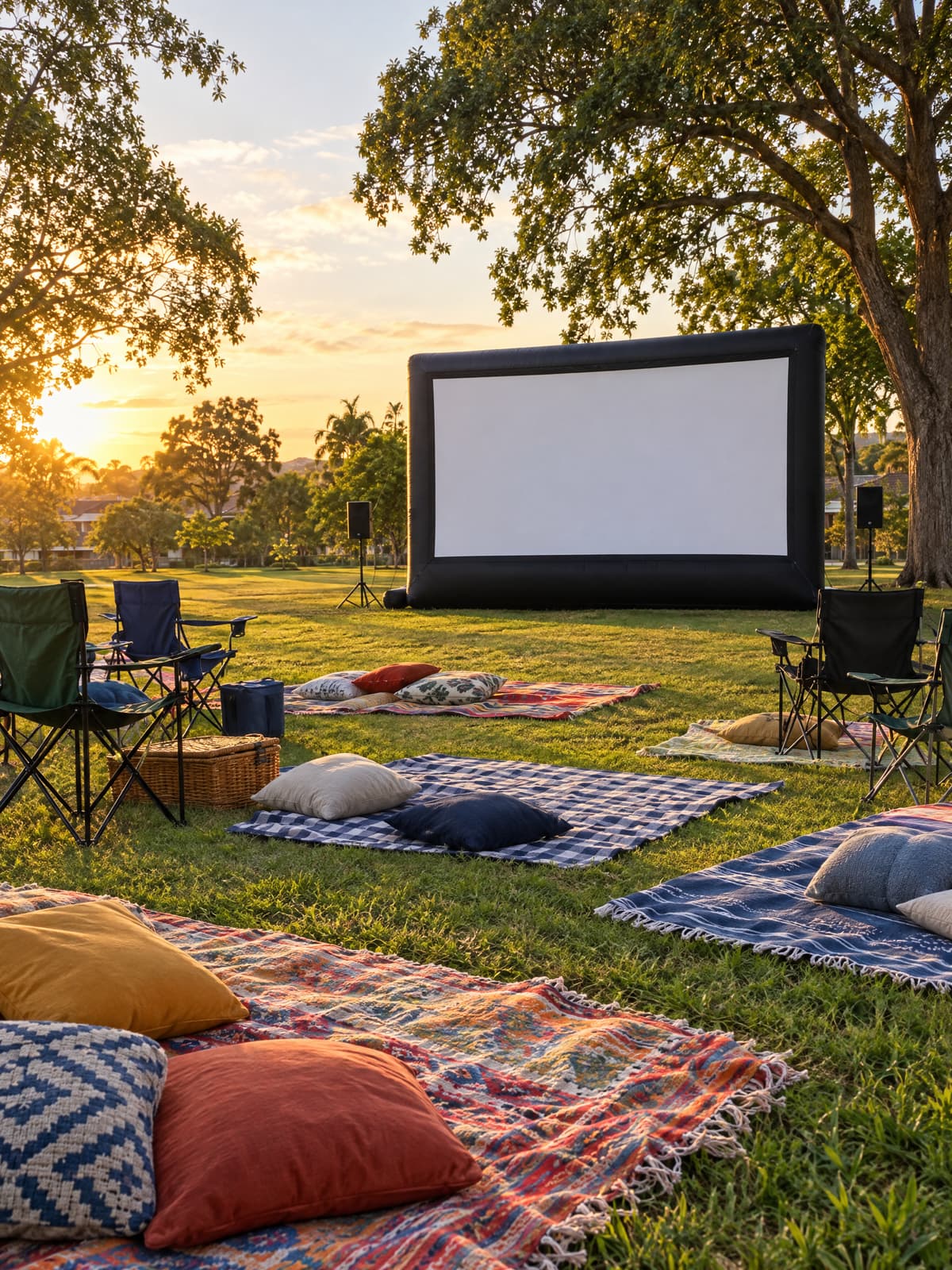 Picnic blankets on a lawn in front of an outdoor cinema screen.