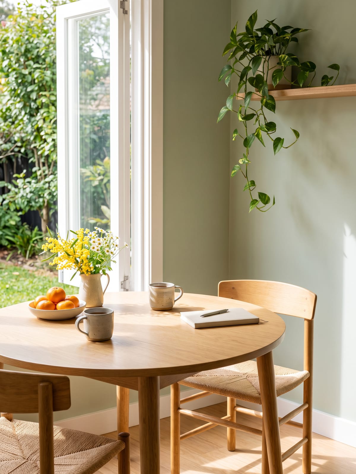 A round timber table beside an open door onto a sunny garden, set with two mugs of tea, a jug of yellow wattle and daisies, and a bowl of mandarins.